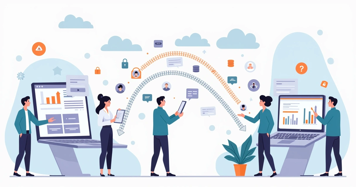 Equipe de TI migrando dados entre duas plataformas SaaS em nuvem 