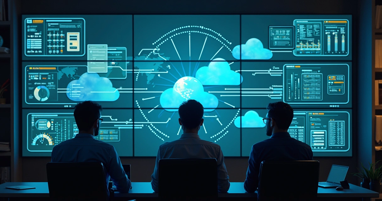 Especialistas monitorando migração de dados em grande painel em sala de controle