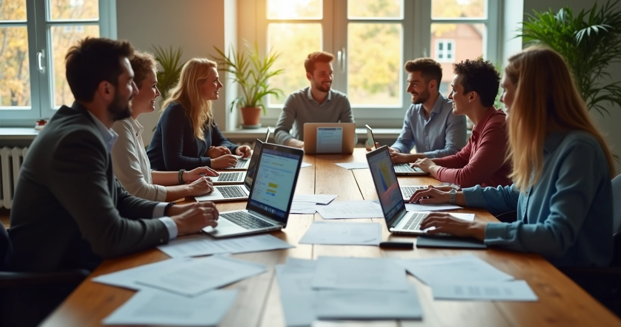 Equipe de empresa reunida migrando documentos para o digital 