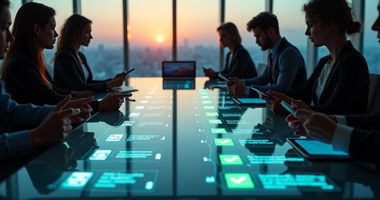 Checklist digital mostrando migração de CRM para COS em ambiente corporativo moderno 