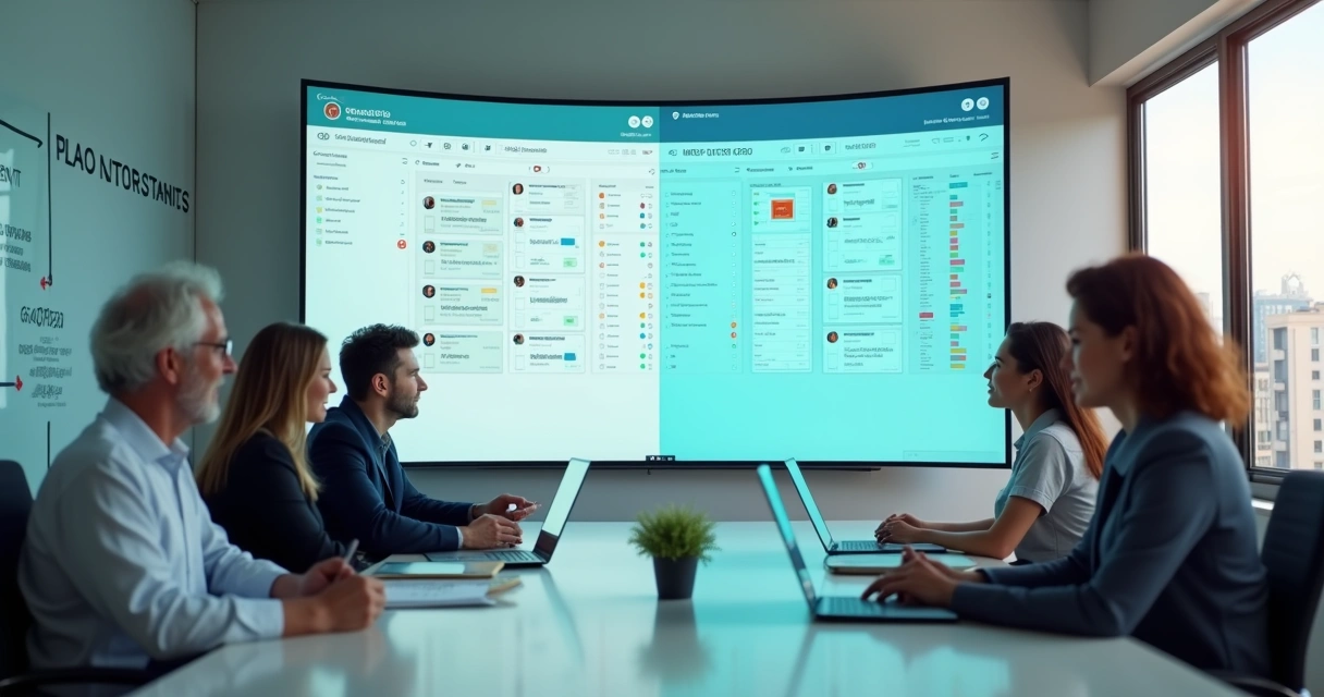 Time imobiliário em sala moderna acompanhando migração suave de CRM em telão digital 