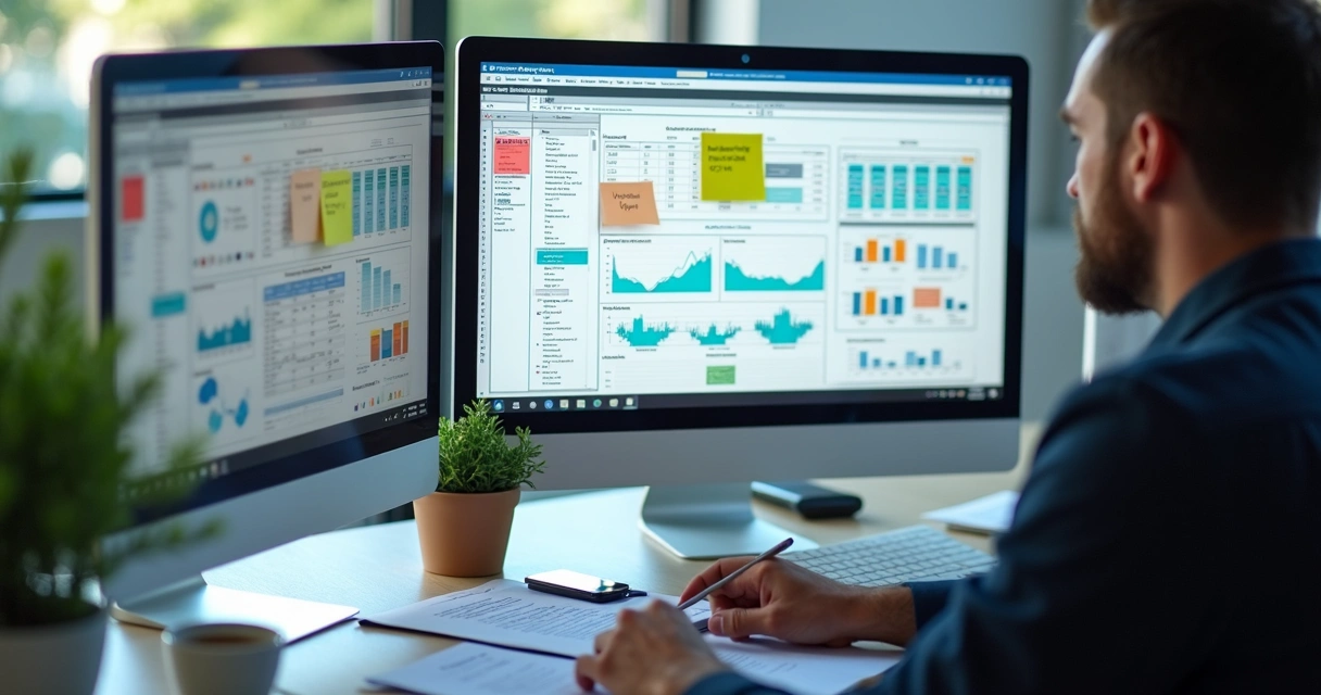 Profissional analisando fluxos de migração de dados em telas e documentos 