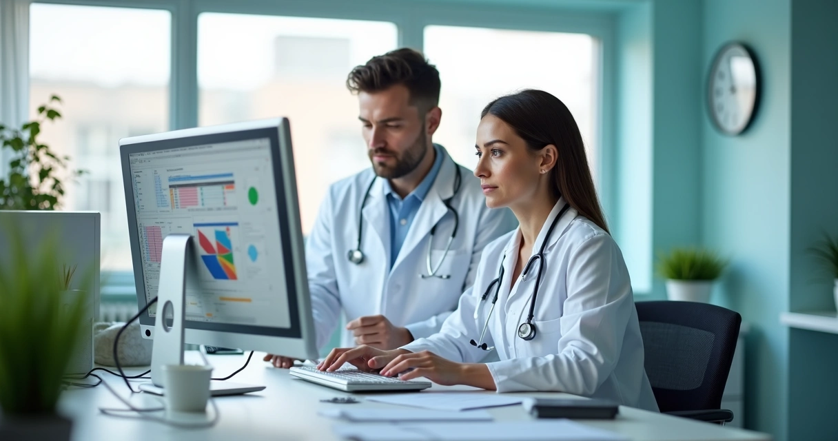 Profissionais conversando e analisando dados de pacientes no computador 