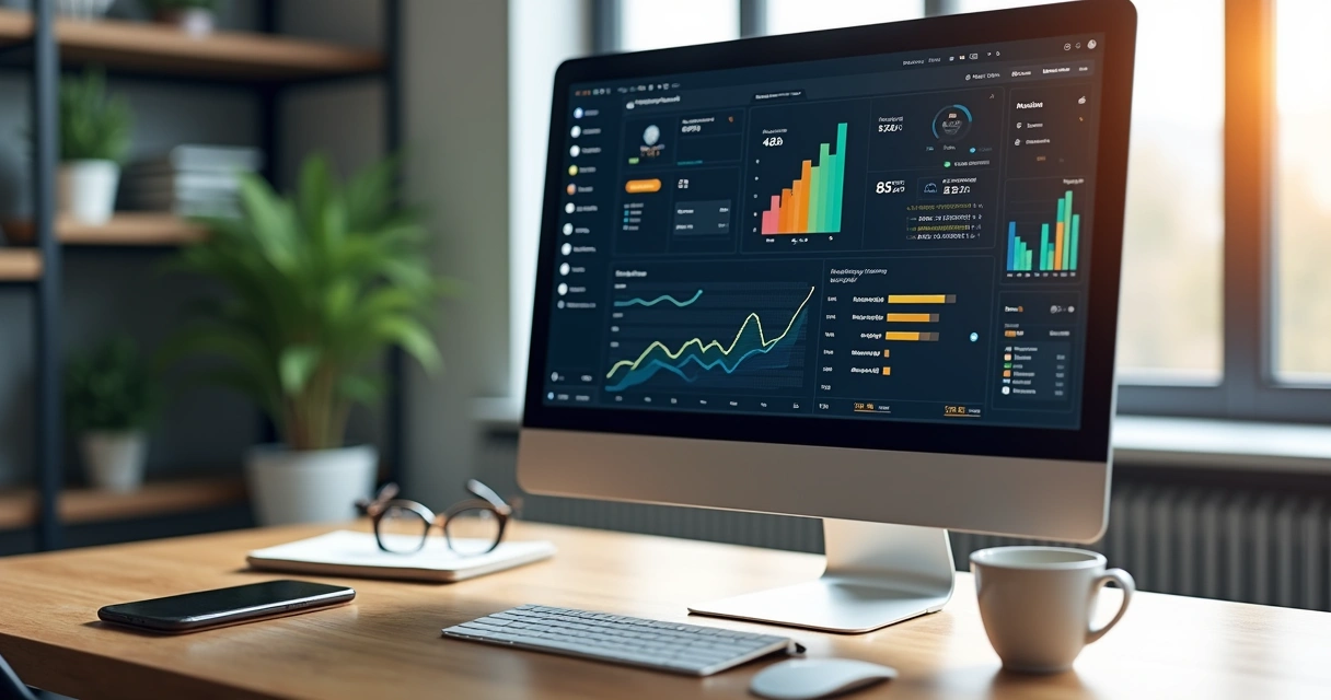 Tela de computador exibindo processo de migração de dados com gráficos e arquivos digitais 