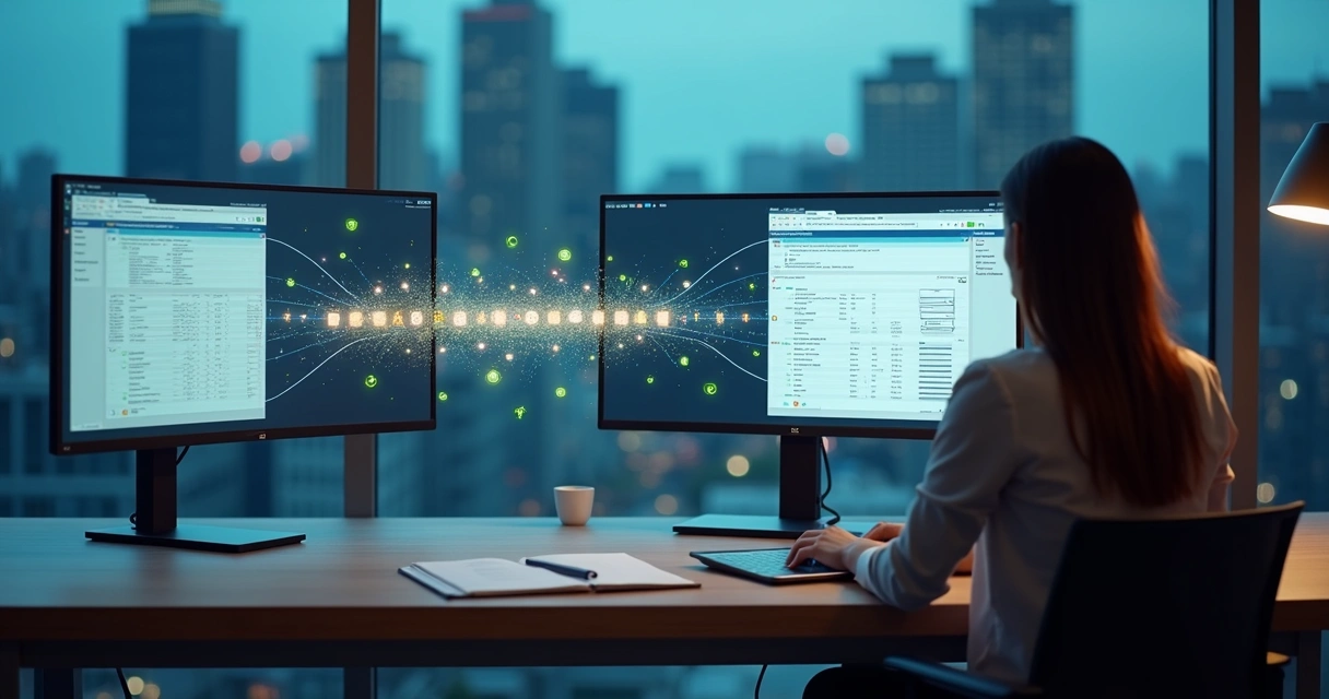 Professional analyzing digital data bridge between two CRM systems