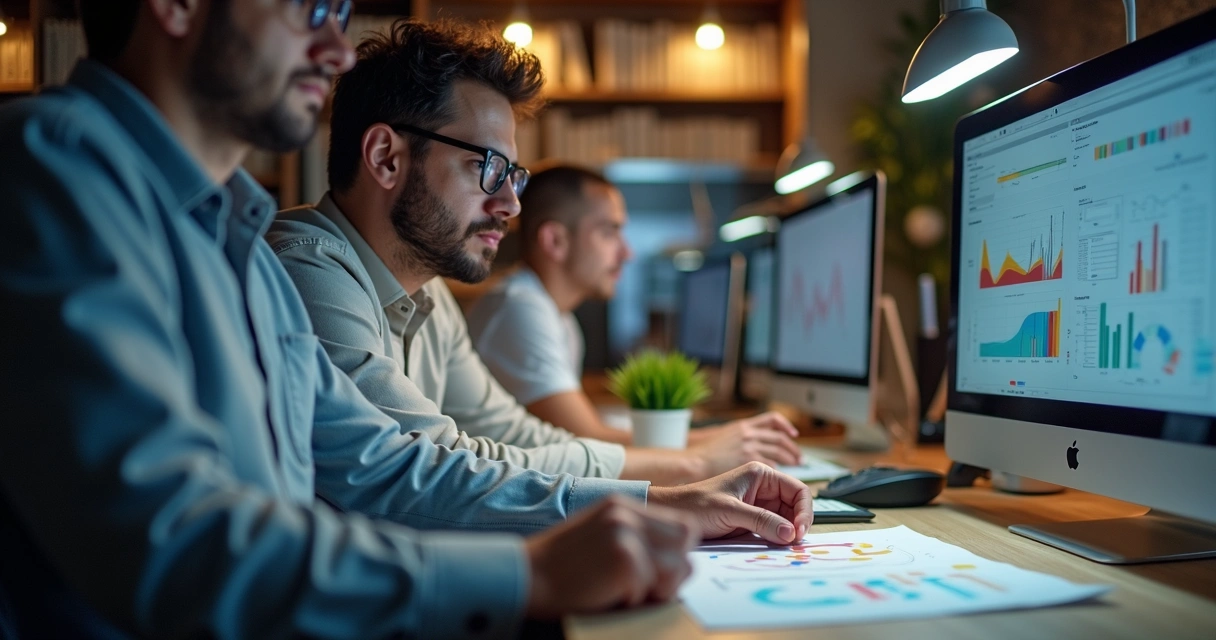 Equipe analisando planilhas e telas de sistema ERP durante migração de dados 