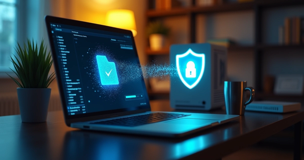 Usuário arrasta pasta de dados financeiros para servidor doméstico protegido por escudo digital 