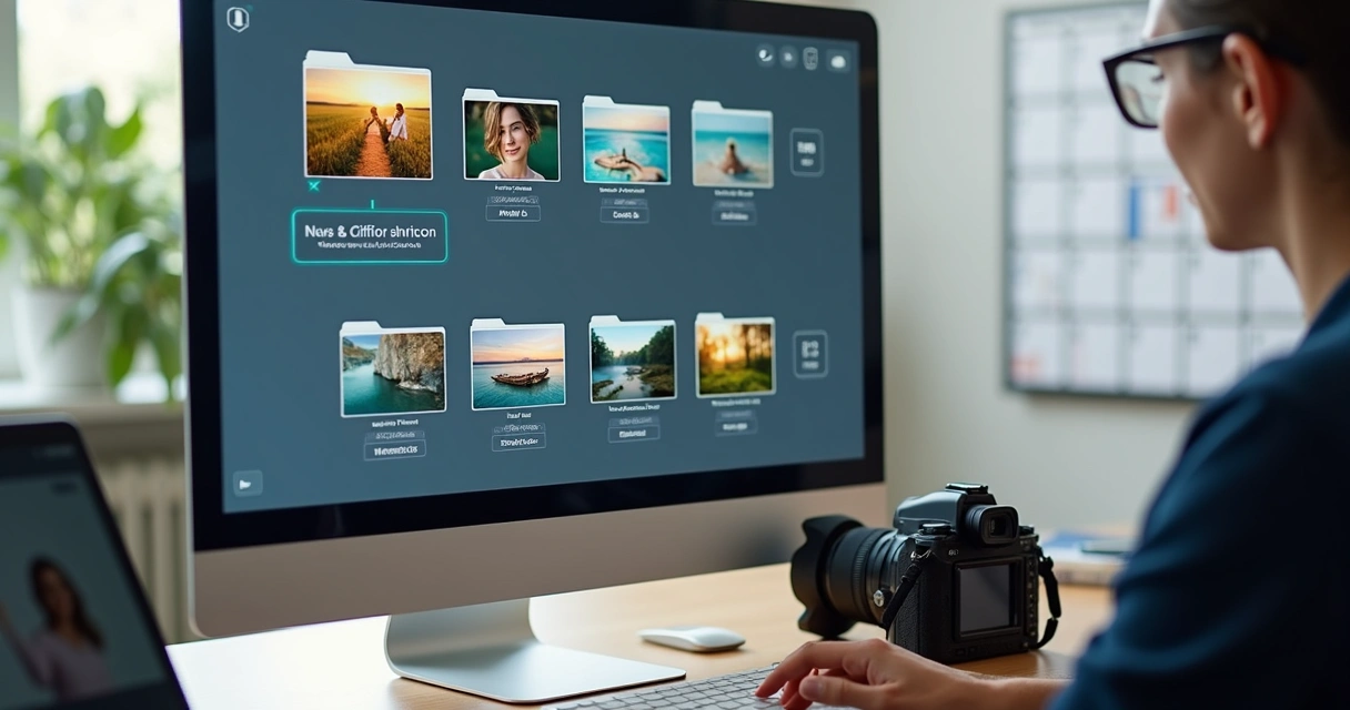 Tela de computador transferindo arquivos fotográficos 