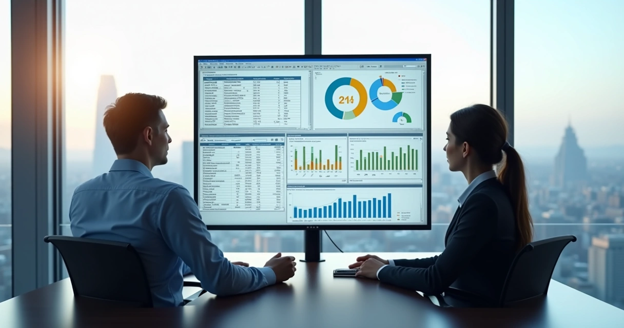 Profissionais de logística revisando dados em dois sistemas diferentes em uma sala de reuniões moderna