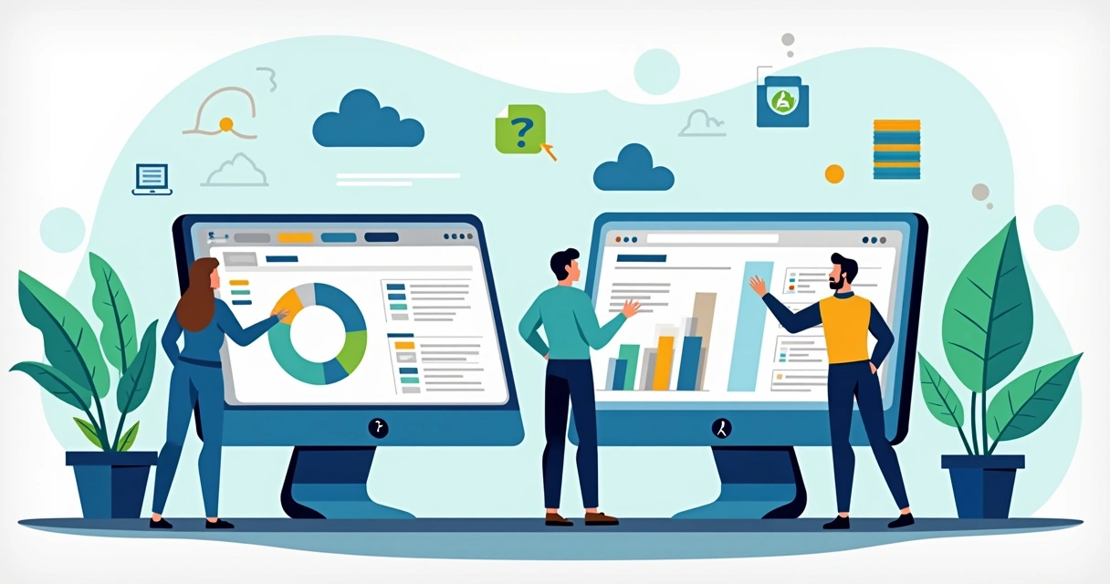 Equipe de tecnologia analisando dados em duas telas diferentes 