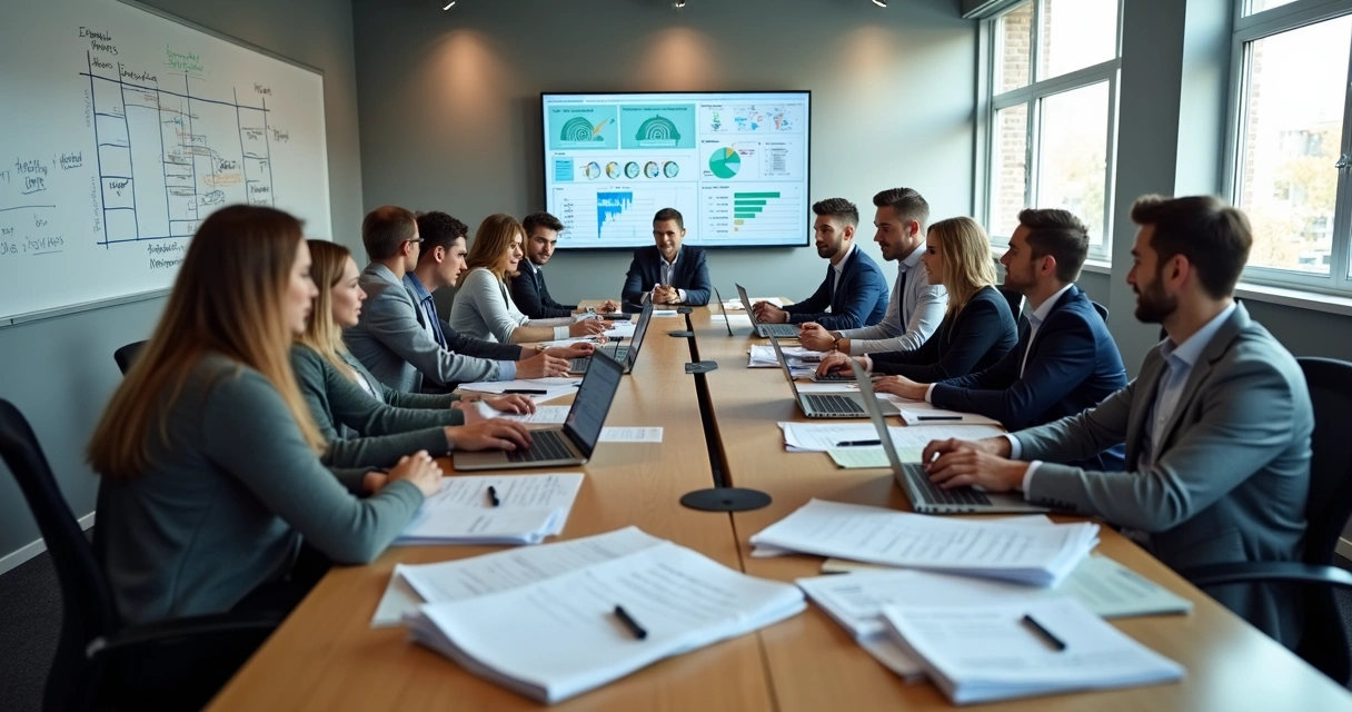 Equipe de RH em sala de reunião analisando dados em notebooks e papéis