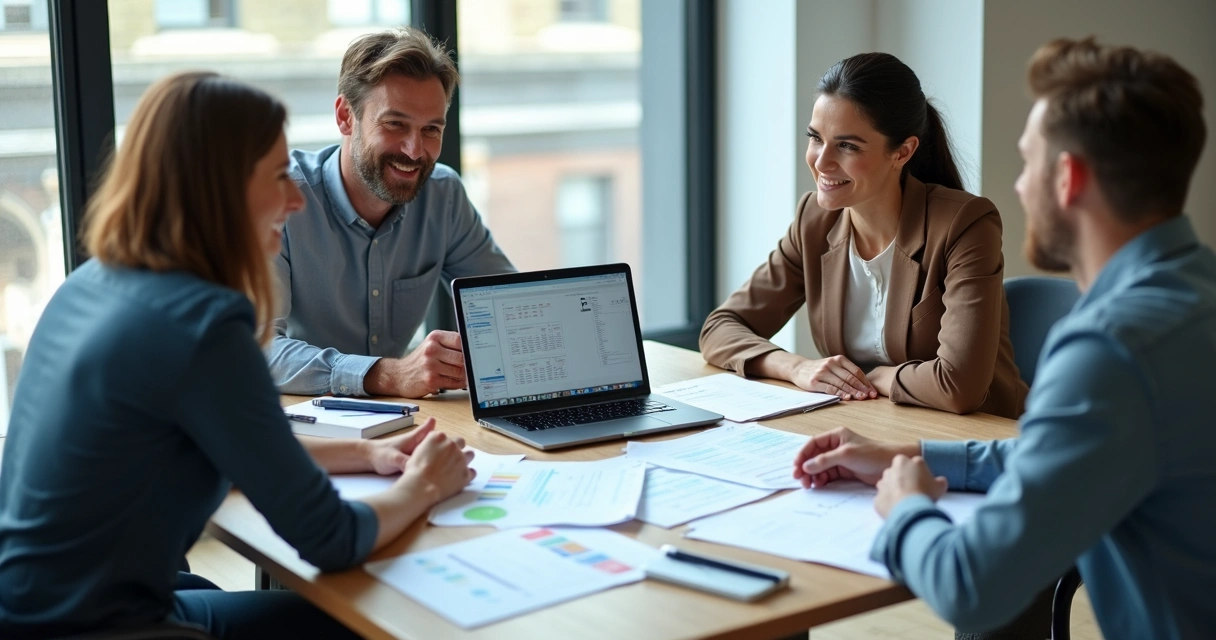Equipe de administração de condomínio revisando planilhas de dados em uma mesa 