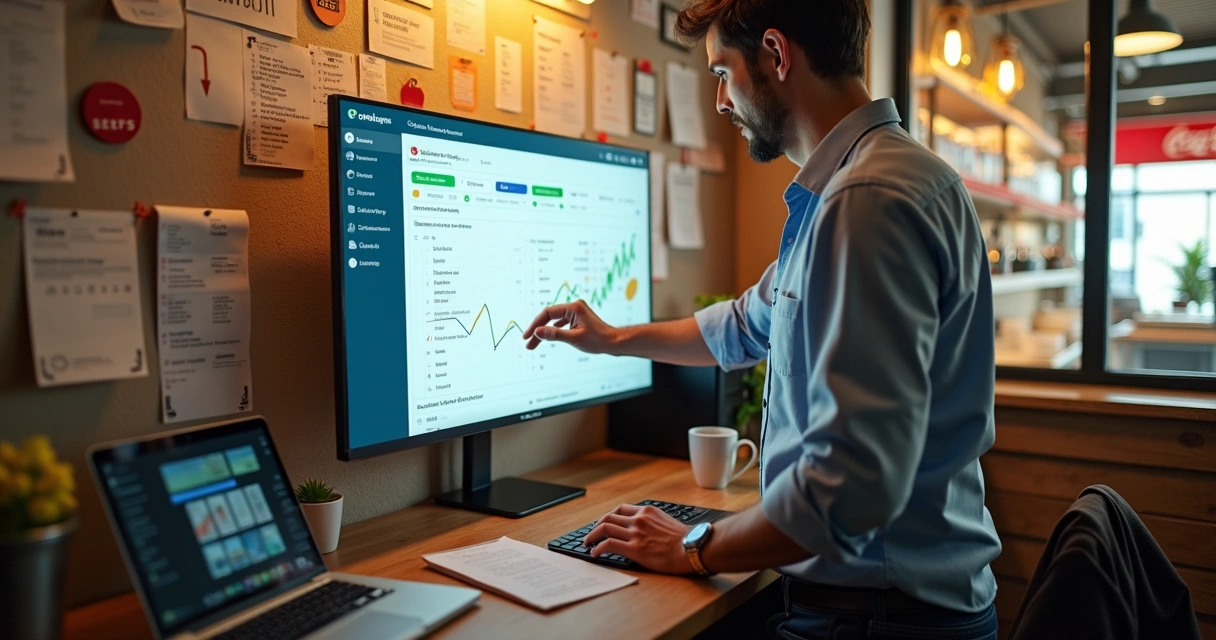 Dono de restaurante movendo pedidos de prancheta para painel digital de delivery 