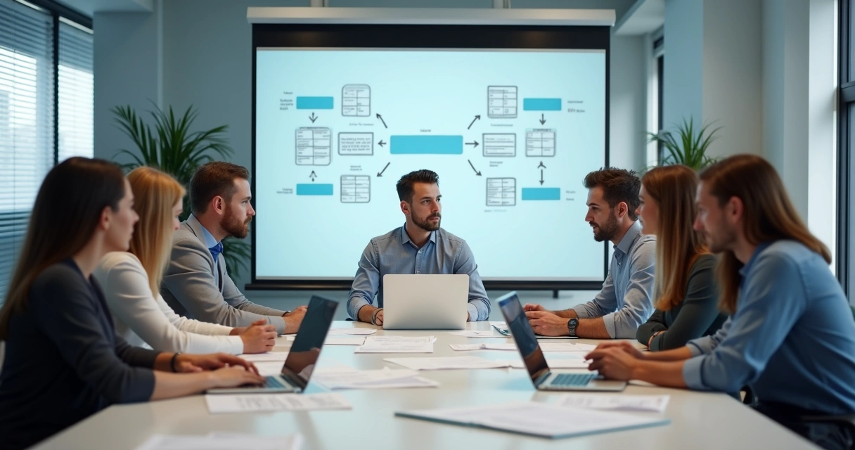 Equipe comercial reunida discutindo migração digital para COS 