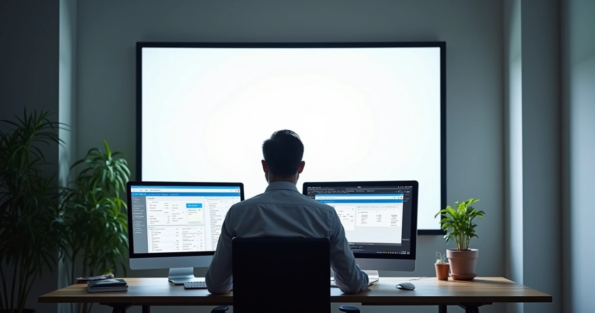 Profissional de TI analisando telas de gerenciamento de e-mails corporativos 