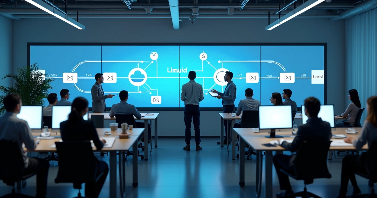 Equipe de TI em escritório moderno analisando mapas de migração de dados em telas grandes 