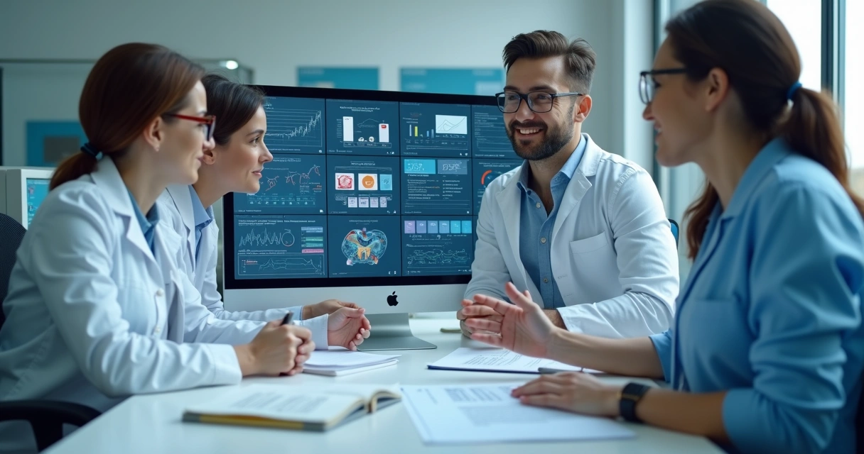 Equipe de clínica odontológica revisando dados e processos em frente a computadores 