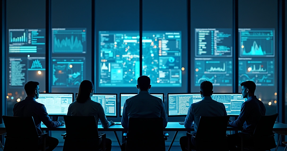 Técnicos de TI monitorando sistemas em telas, atentos durante uma migração noturna 