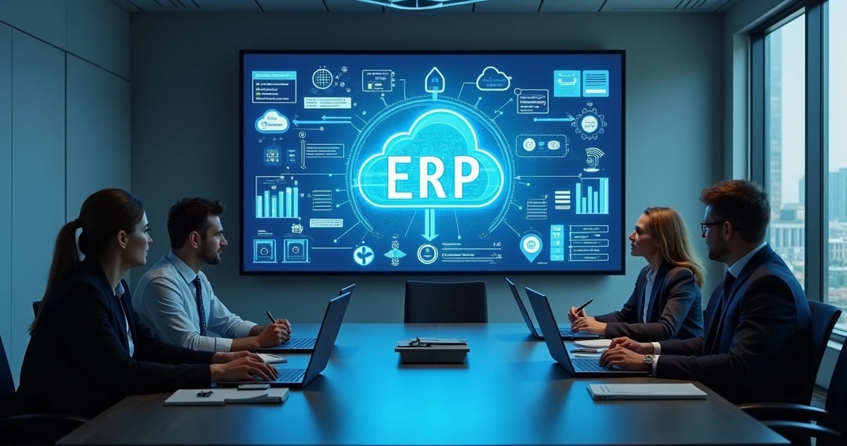 Equipe analisando migração de ERP para a nuvem em painel digital 
