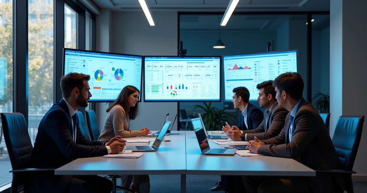 Equipe de profissionais em reunião planejando migração de sistema ERP, com telas mostrando gráficos e dados em ambiente corporativo moderno 