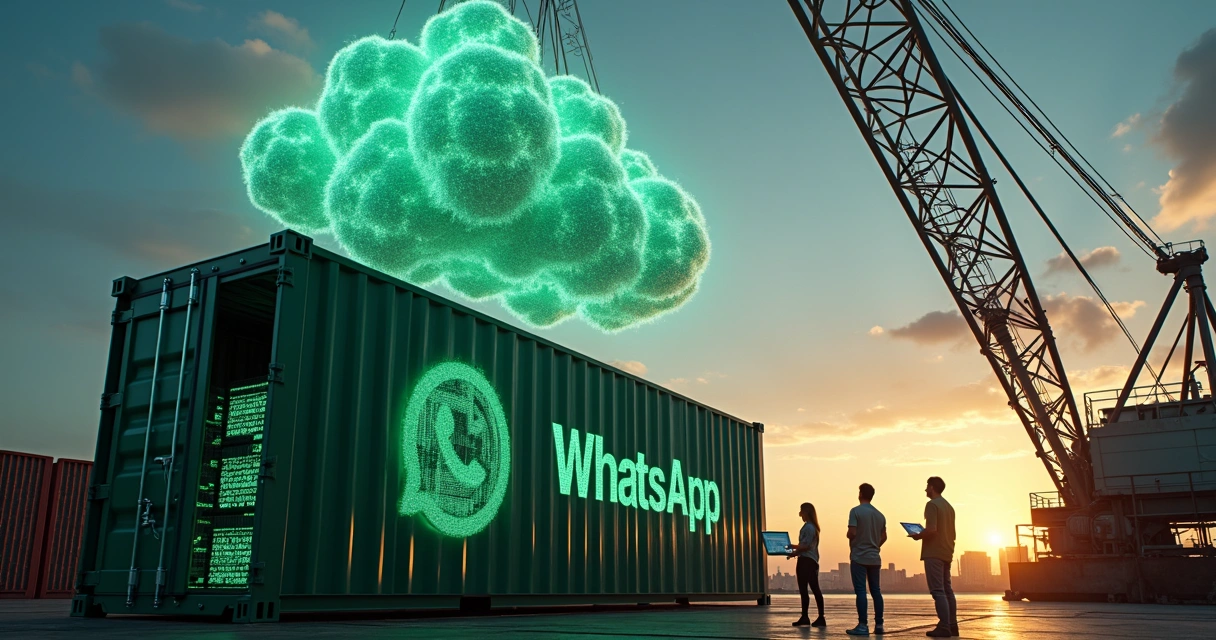 Equipe técnica observando container em forma de navio sendo elevado para nuvem digital 