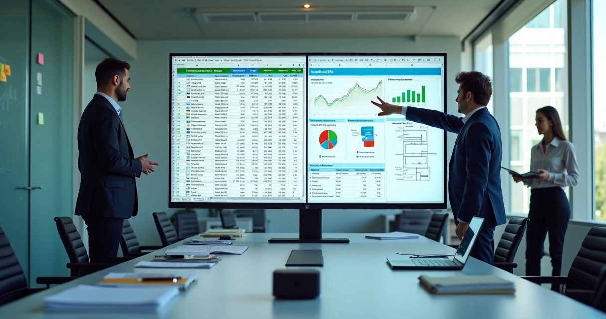 Gestor observando tela dividida entre planilha de Excel e sistema automatizado moderno 