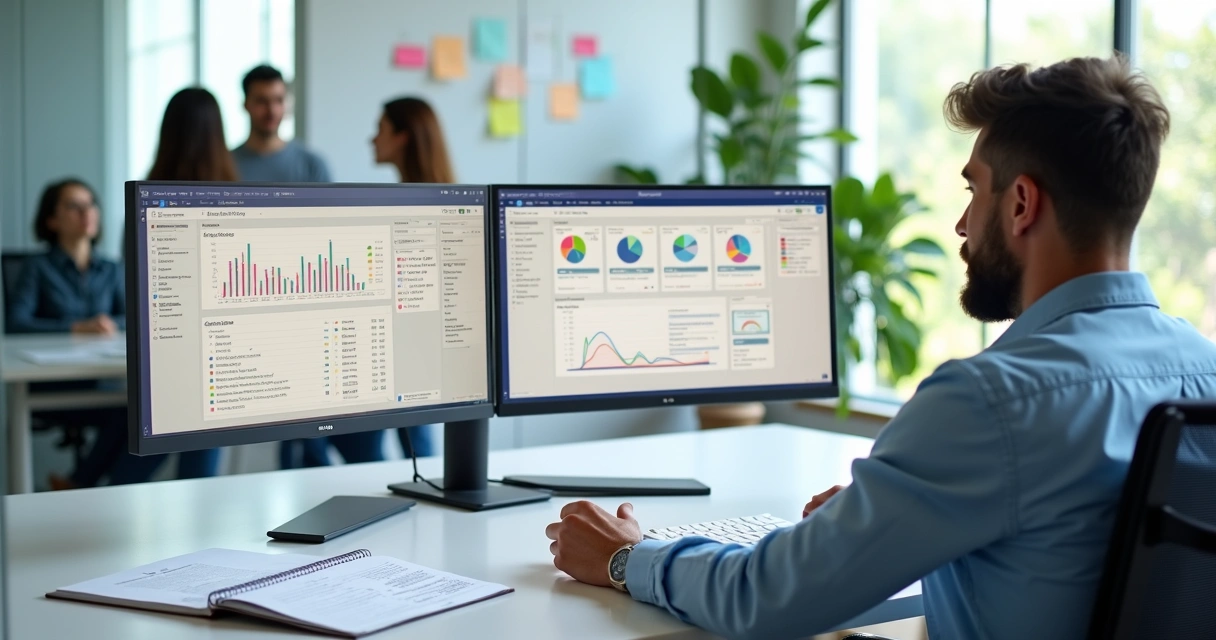 Gestor compara ferramentas de metas e OKRs em dois monitores no escritório 