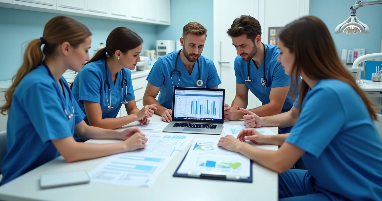 Equipe de clínica odontológica examinando documentos e dados digitais juntos