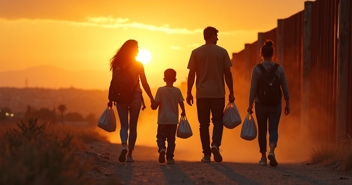 Família caminhando com malas na fronteira entre México e EUA ao entardecer 