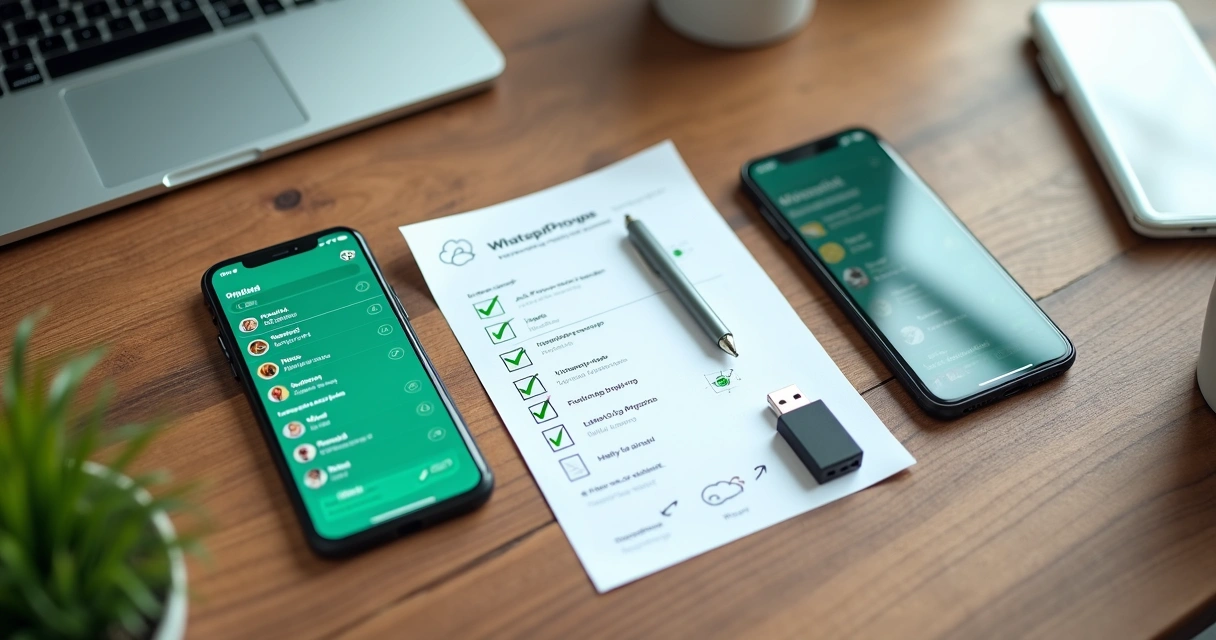 Checklist de migração de grupos entre dois celulares sobre mesa organizada 