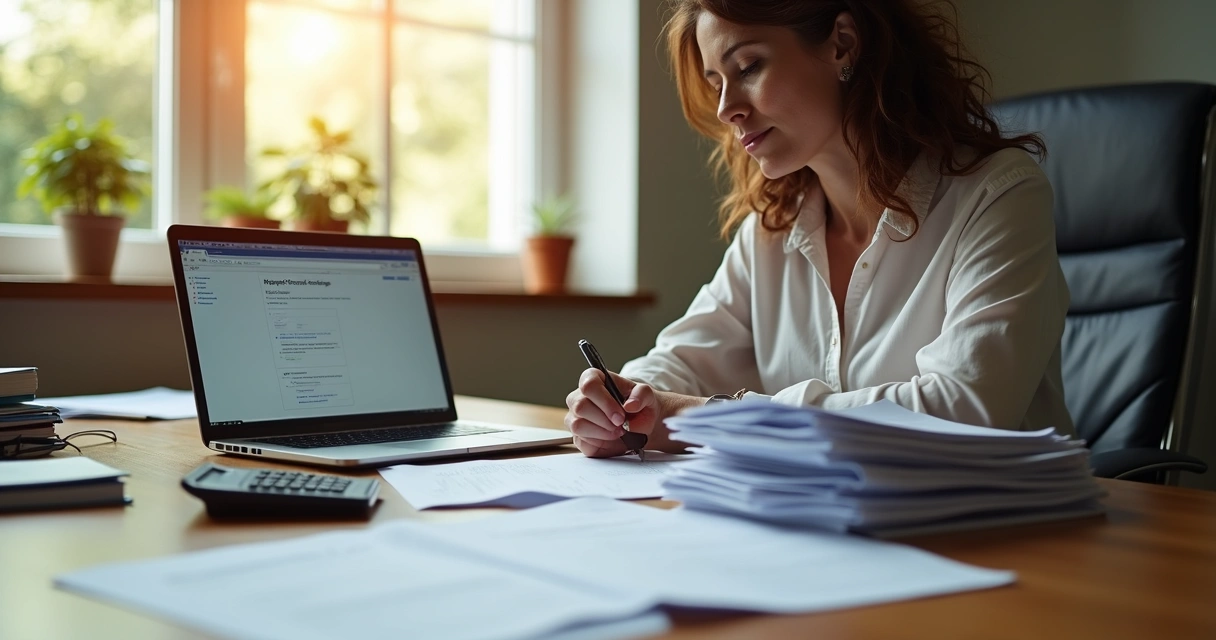 Empreendedora analisando documentos em mesa de escritório