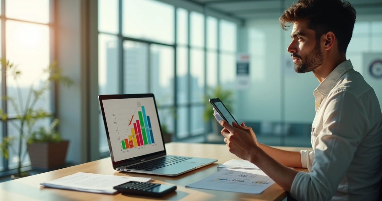 Empreendedor digital analisando tablet e gráficos contábeis em escritório moderno 