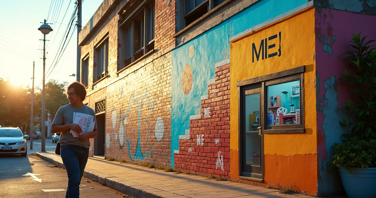 Cenário urbano com mural simbólico mostrando transição de MEI para ME 