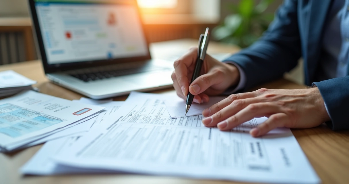 Documentos e registros de empresa sobre uma mesa