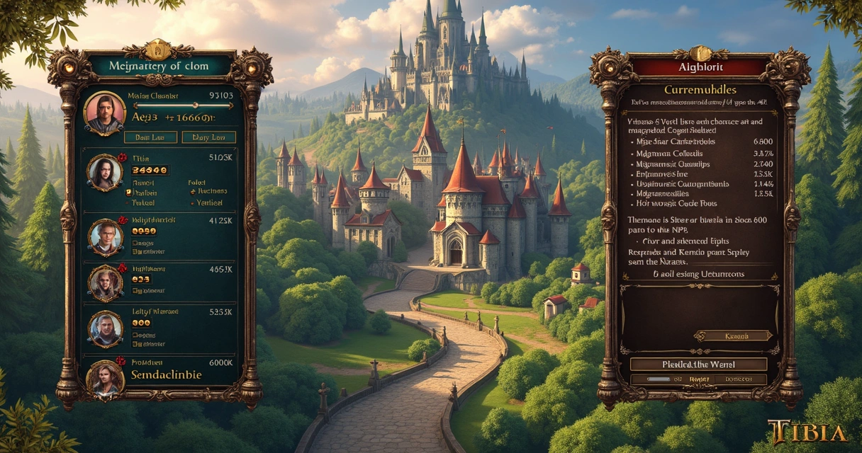 Interface de jogo Tibia mostrando transferência de personagem entre mundos com gráficos detalhados e elementos tibianos 