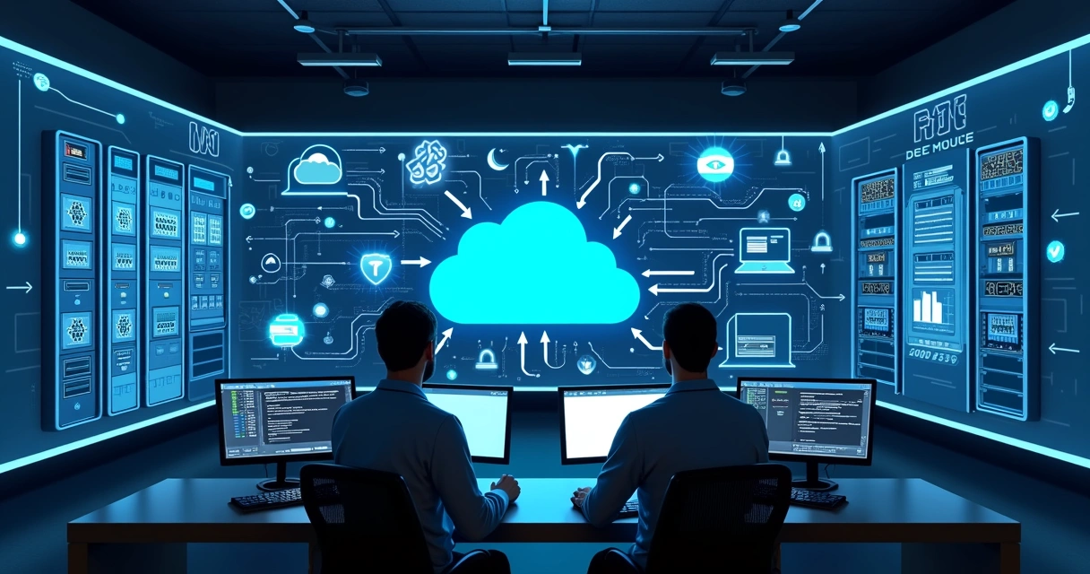 Painel de controle mostrando migração de dados de sistemas locais para nuvem. 