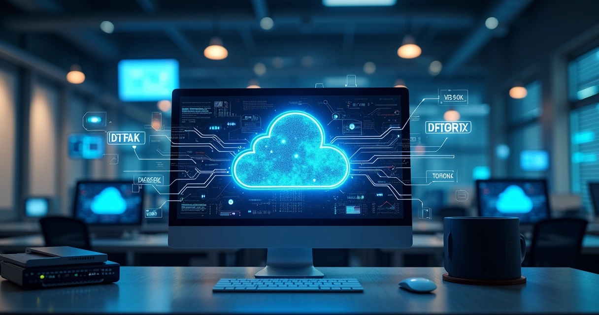 Computador moderno com gráficos de nuvem digital e conexões de dados brilhantes ao redor 
