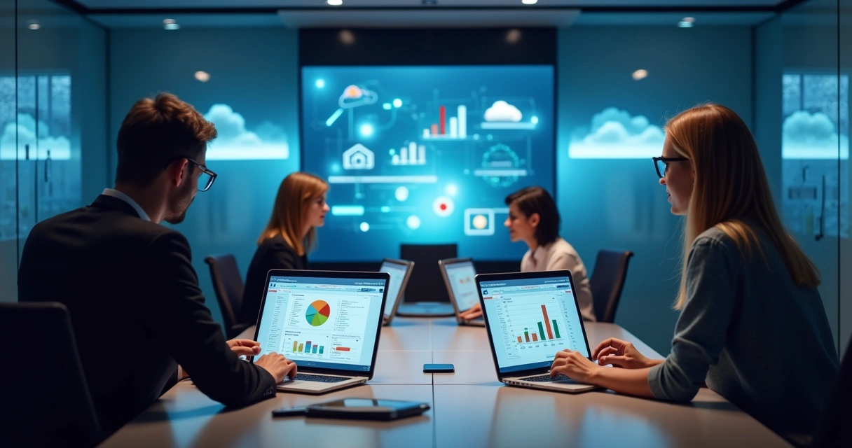 Equipe reunida transferindo informações digitais com gráficos e laptops 