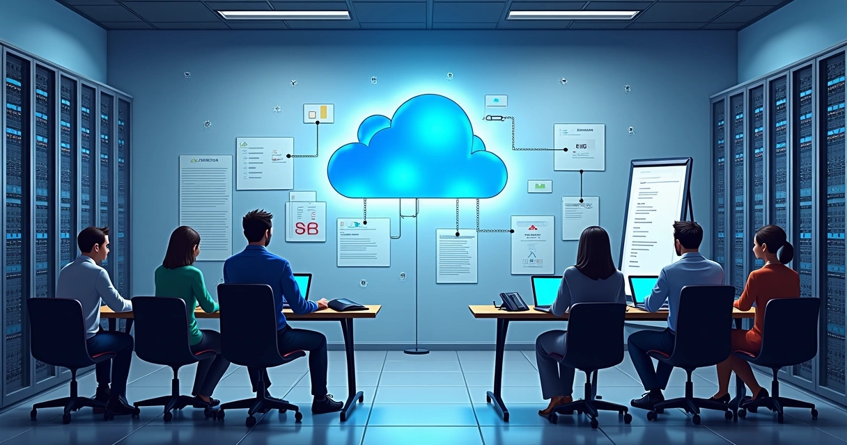 Diagrama colorido de processos de migração de dados e servidores para a nuvem Azure, com setas e computadores 