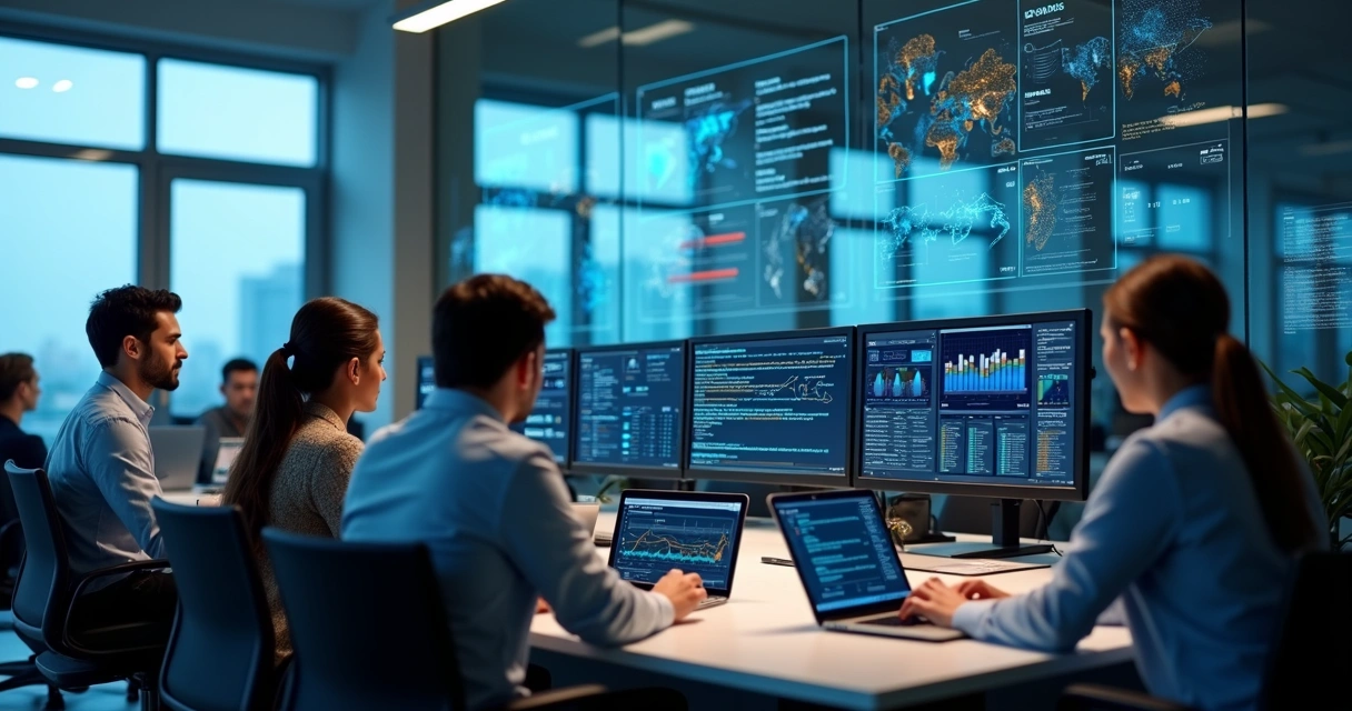 Equipe em escritório acompanhando migração para sistema VoIP.