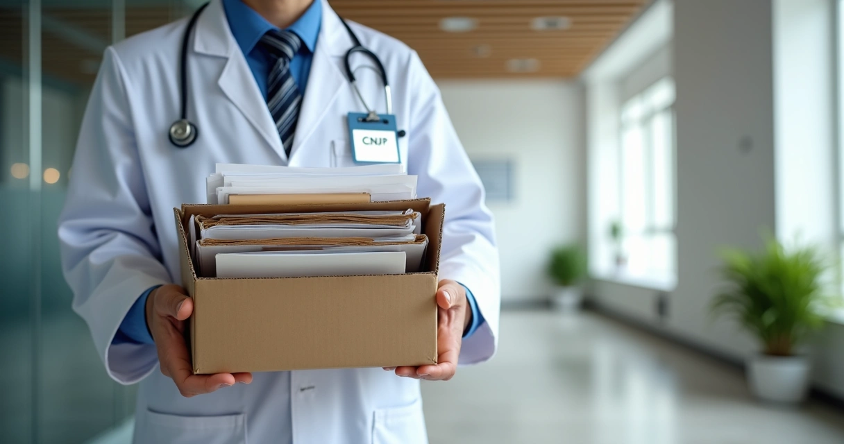 Médico segurando caixa de documentos e crachá de pessoa jurídica 