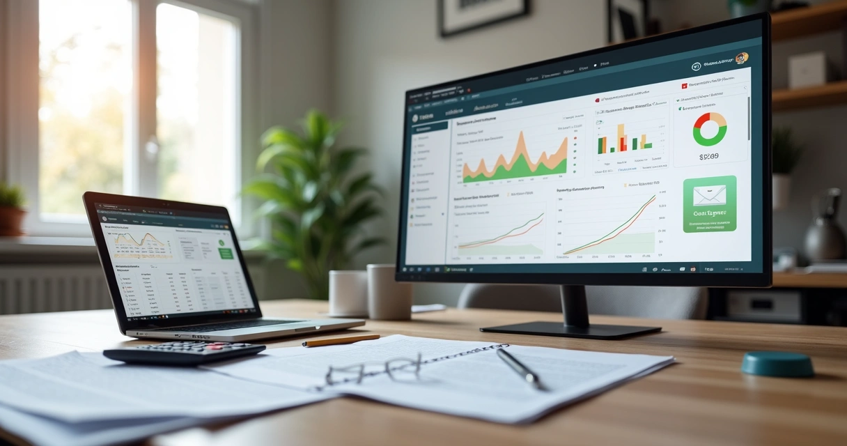Comparação entre caderno de gastos e painel financeiro digital em tela grande 
