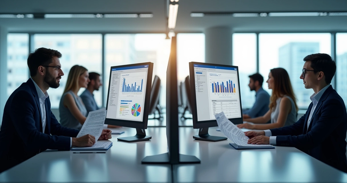 Escritório com equipe analisando planilhas e sistema digital lado a lado 