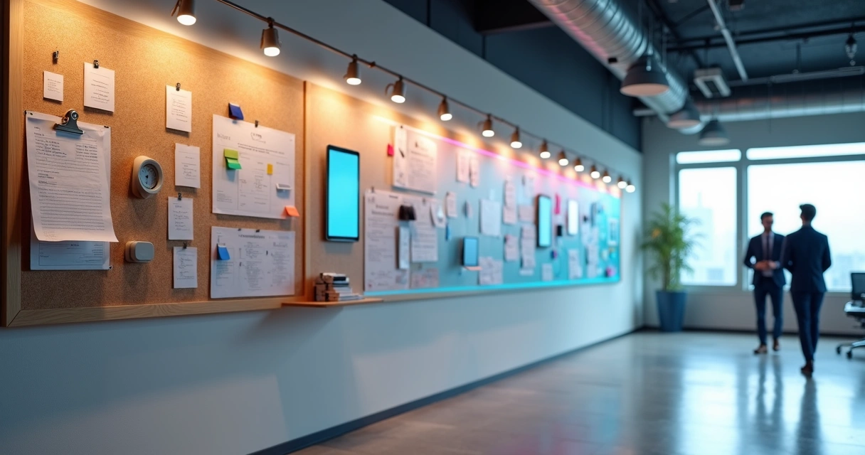 Linha do tempo ilustrando a transição do ponto manual para o digital em um painel de parede 