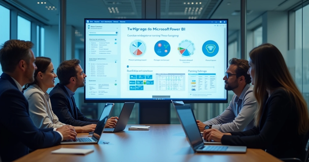 Equipe avaliando migração do Power BI para o Fabric em escritório 