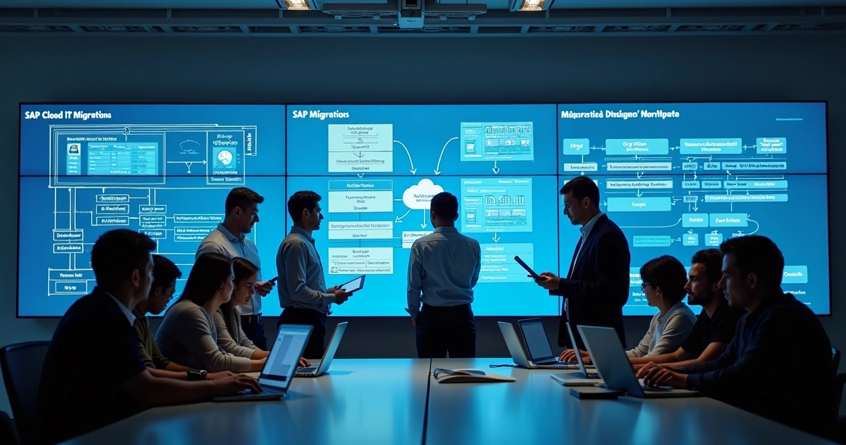 Equipe de TI e contadores trabalhando na migração de sistemas SAP para nuvem 