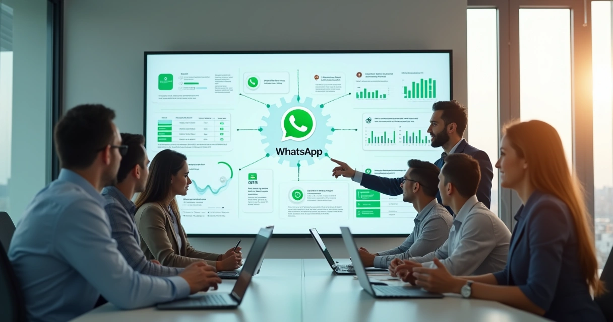 Equipe analisando migração segura para API Oficial do WhatsApp em painel digital 