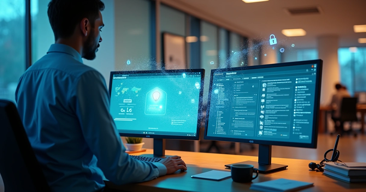 Profissional de TI de clínica supervisiona transferência segura de dados médicos entre dois sistemas 