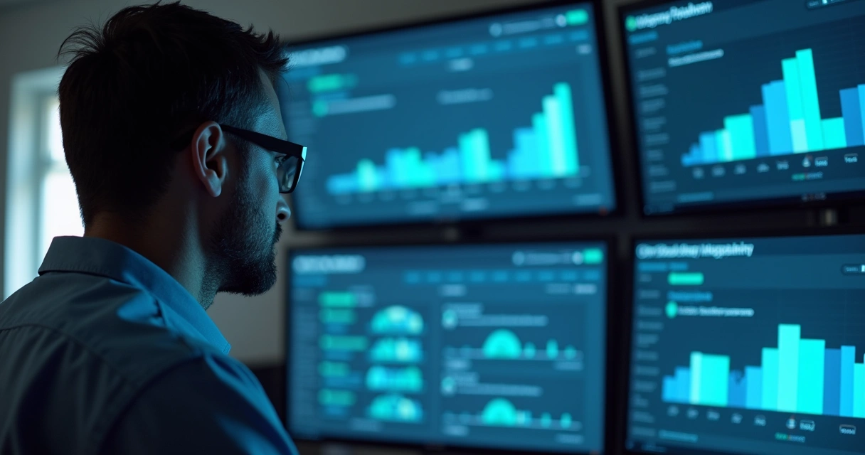 Profissional migrando site para novo servidor com gráficos de performance em tela 