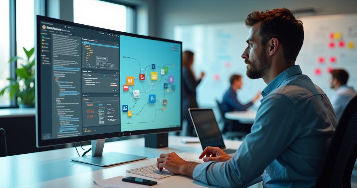 Profissional analisando sistema legado em tela dividida com nova interface low-code 
